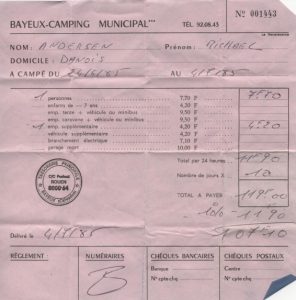 Regning fra campingpladsen i Bayeux (1985).