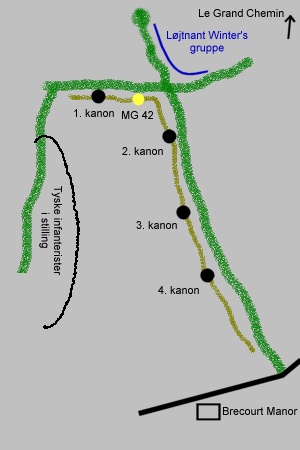 Brecourt Manor - Skitse over den tyske kanonstilling langs det levende hegn