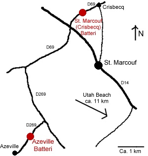 Skitse over placeringen af kystbatterierne ved Azeville og St. Marcouf